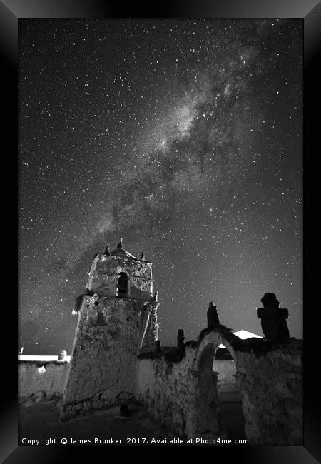 Milky Way and Parinacota Church Monochrome Chile Framed Print by James Brunker