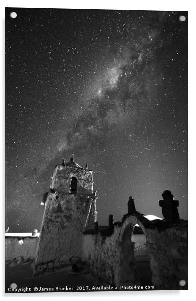 Milky Way and Parinacota Church Monochrome Chile Acrylic by James Brunker