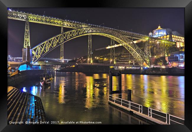 Dom Luis I Bridge at Night in Porto Framed Print by Angelo DeVal
