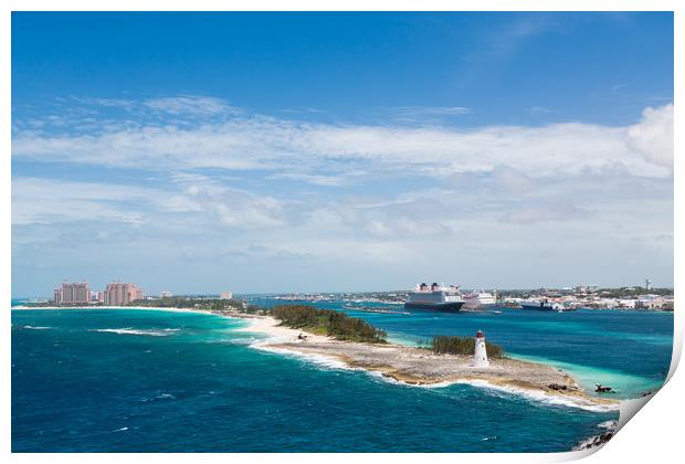 Bahamas Lighthouse with Nassau and Resort in Backg Print by Darryl Brooks