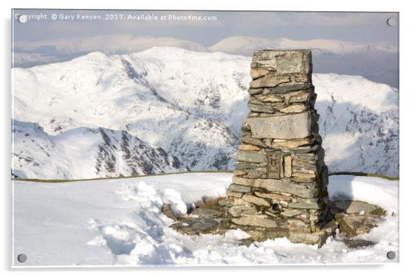 The Old Man Of Coniston Trig Point Acrylic by Gary Kenyon