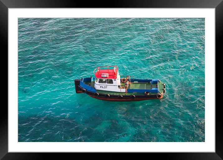 Red White and Blue Pilot Boat in Aqua Water Framed Mounted Print by Darryl Brooks