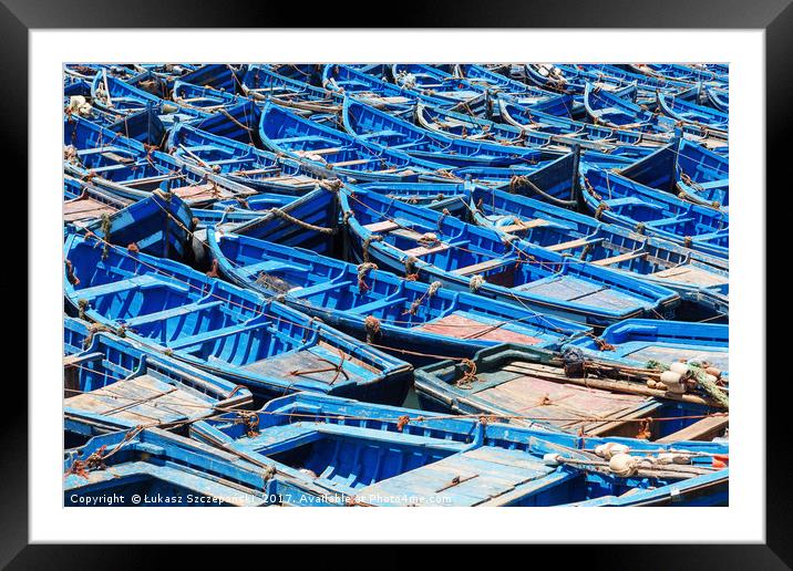 Blue old fishing boats in harbour Framed Mounted Print by Łukasz Szczepański