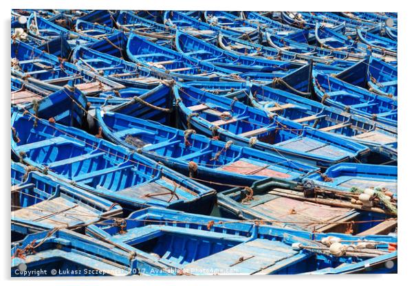 Blue old fishing boats in harbour Acrylic by Łukasz Szczepański
