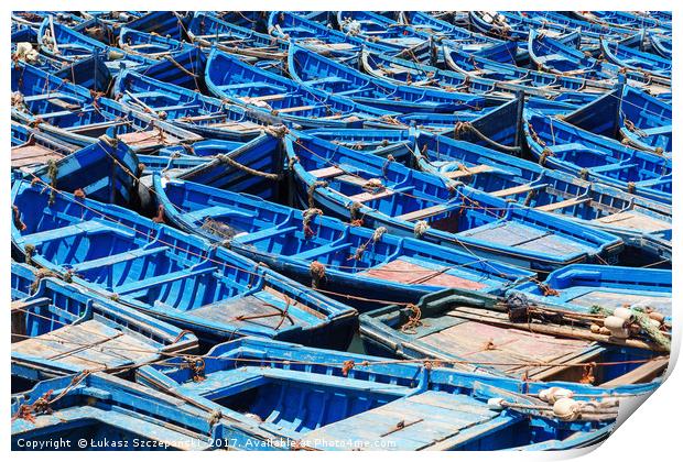 Blue old fishing boats in harbour Print by Łukasz Szczepański