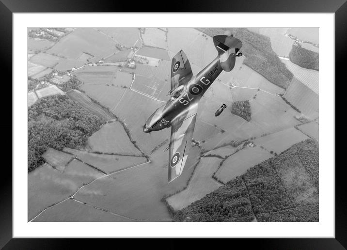 Dive bombing Spitfire XVI, B&W version Framed Mounted Print by Gary Eason