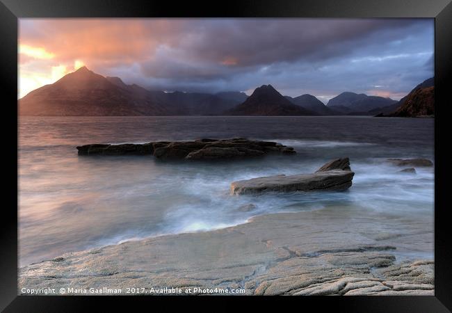 Overcast Cuillins at Sunset Framed Print by Maria Gaellman