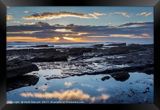 Rocks, Reflections, Sea and Sunset Framed Print by Heidi Stewart