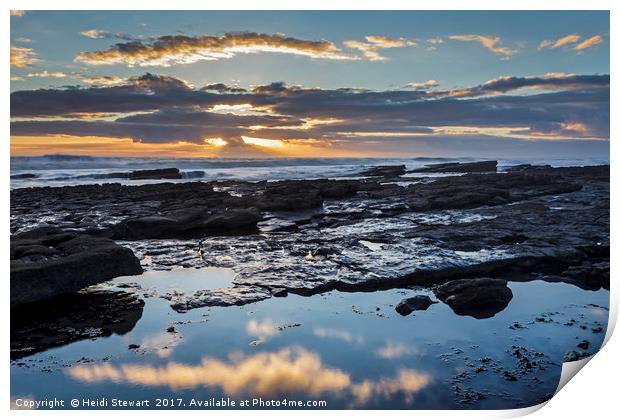 Rocks, Reflections, Sea and Sunset Print by Heidi Stewart