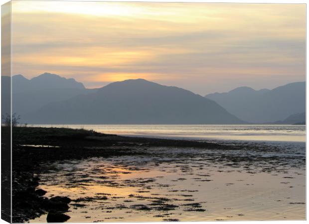  Sunset over the mountains of Ardgour              Canvas Print by alan todd