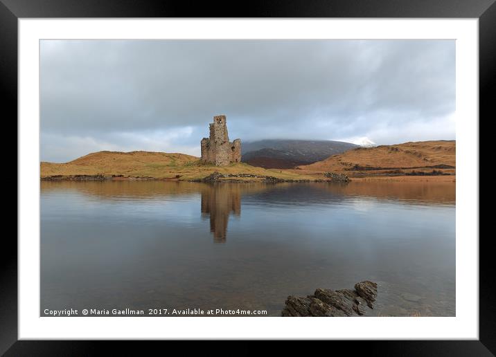 Ardvreck Castle reflecting in Loch Assynt Framed Mounted Print by Maria Gaellman