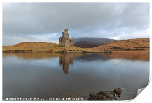 Ardvreck Castle reflecting in Loch Assynt Print by Maria Gaellman