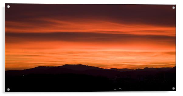Sunset over Ljubljana suburb, Slovenia . Acrylic by Ian Middleton