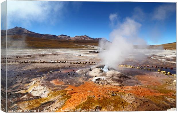 Mineral Deposits and Geyser at El Tatio Chile Canvas Print by James Brunker