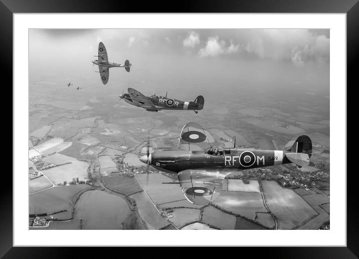 303 Squadron Spitfire sweep B&W version Framed Mounted Print by Gary Eason