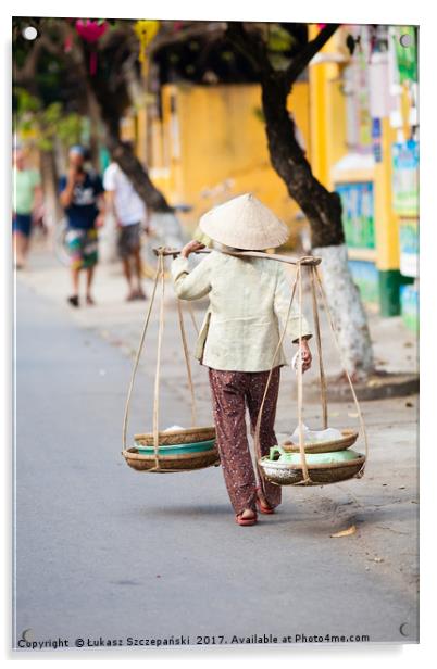 Vietnamese woman carrying products Acrylic by Łukasz Szczepański