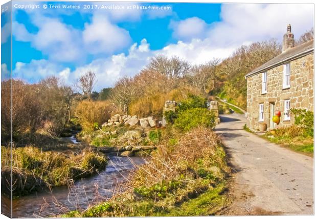 Penberth Stream And A Stone Cottage Canvas Print by Terri Waters