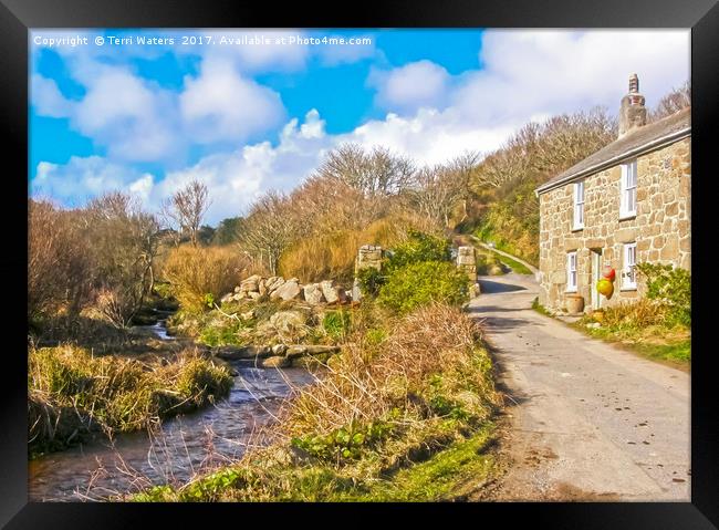 Penberth Stream And A Stone Cottage Framed Print by Terri Waters