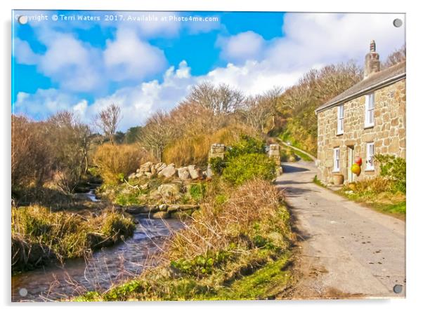 Penberth Stream And A Stone Cottage Acrylic by Terri Waters