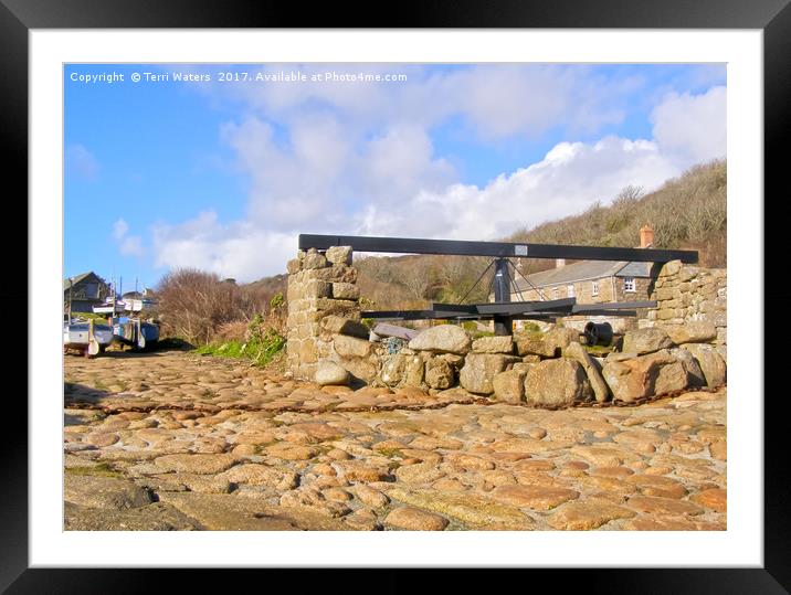 Penberth Capstan And Boats Framed Mounted Print by Terri Waters