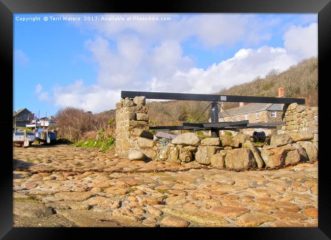 Penberth Capstan And Boats Framed Print by Terri Waters