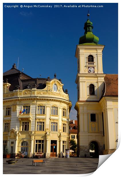 Bell tower of RC Church in Sibiu Print by Angus McComiskey