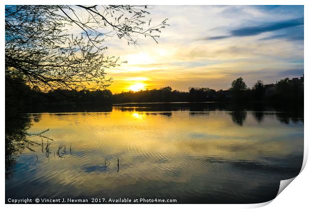 Sunset Over U.E.A Lake, Norwich, England Print by Vincent J. Newman