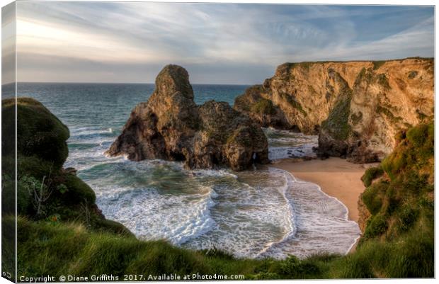 Black Humphrey Rock on Whipsiderry beach, Newquay Canvas Print by Diane Griffiths