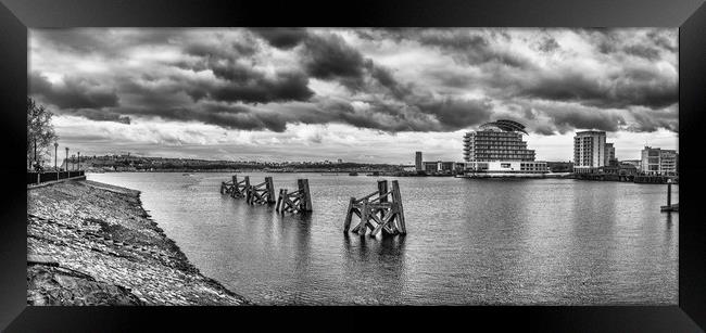 Cardiff Bay Panorama Mono Framed Print by Steve Purnell