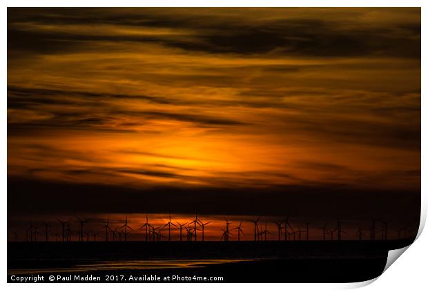 Sunset over the wind farm Print by Paul Madden