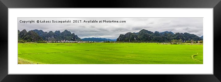 Panorama of green rice fields and Phong Nha city Framed Mounted Print by Łukasz Szczepański