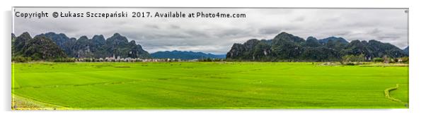 Panorama of green rice fields and Phong Nha city Acrylic by Łukasz Szczepański