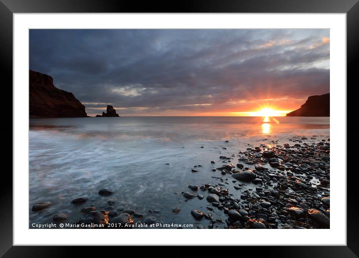 Talisker Bay and Spikes from the setting Sun Framed Mounted Print by Maria Gaellman