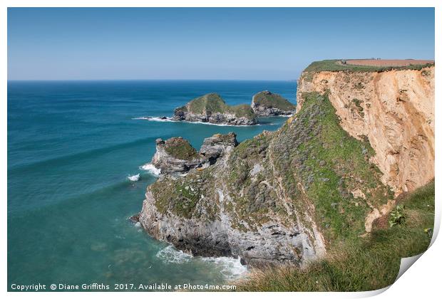 Cliffs around Whipsiderry beach, Newquay Print by Diane Griffiths