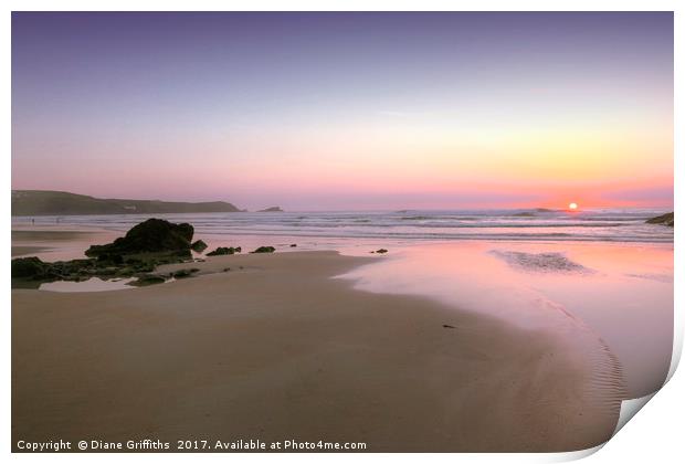 Sunset on Fistral Beach Print by Diane Griffiths