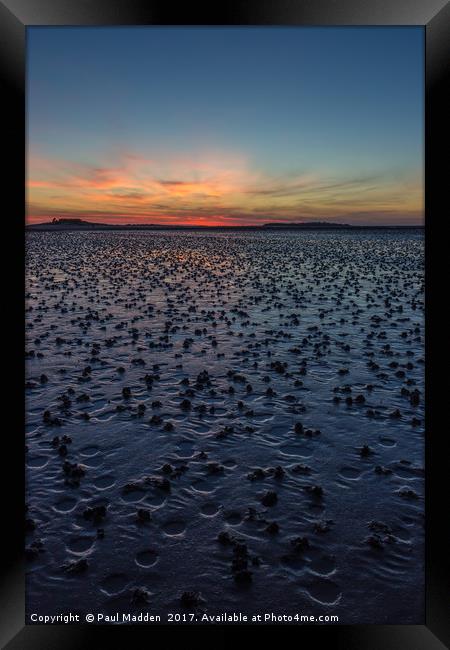 Sunset across the wet sand Framed Print by Paul Madden