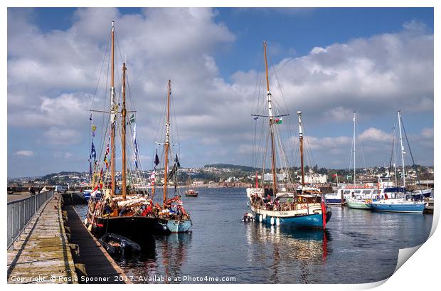 Tall Ships and Small Ships at Torquay Harbour Print by Rosie Spooner