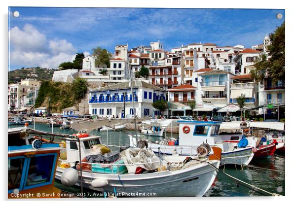 Skopelos Harbour Landscape Acrylic by Sarah George