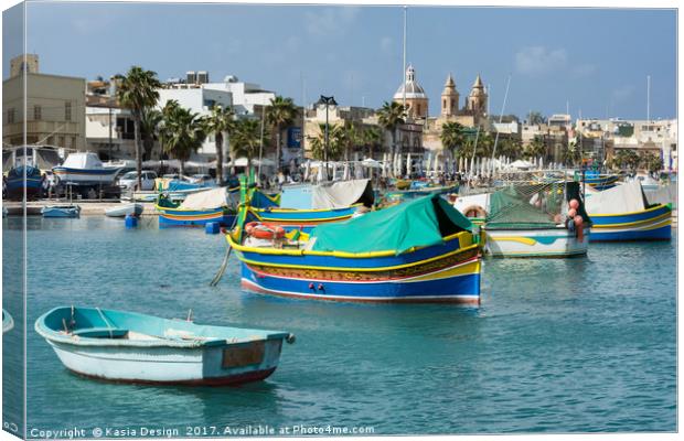 Traditional Fishing Boats in Marsaxlokk Canvas Print by Kasia Design