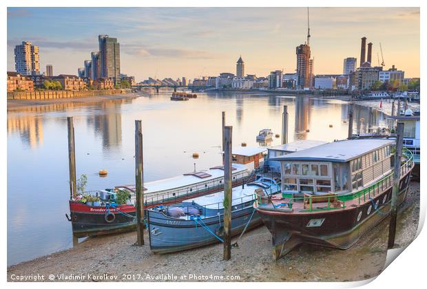 Barges on Thames Print by Vladimir Korolkov
