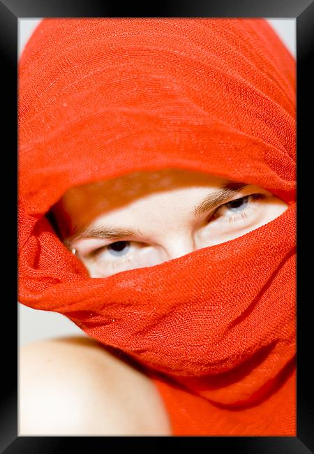 Blue eyes with red scarf Framed Print by Gabor Pozsgai