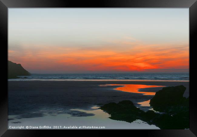 Sunset over Crantock Beach Framed Print by Diane Griffiths