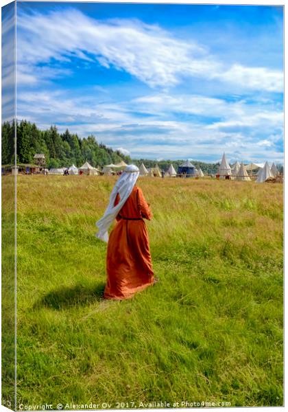 the woman in a medieval dress goes on a grass Canvas Print by Alexander Ov