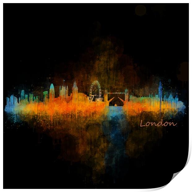 London Skyline Dark Art Watercolor City. v4 Print by HQ Photo