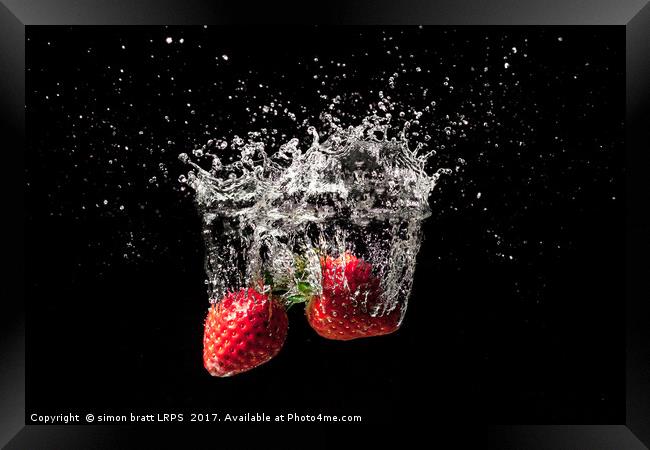 Strawberry fruit big splash into water Framed Print by Simon Bratt LRPS