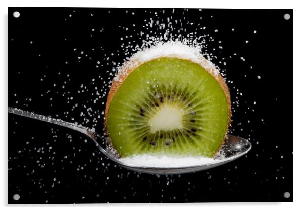 Kiwi fruit cut in half on a spoon with sugar Acrylic by Simon Bratt LRPS