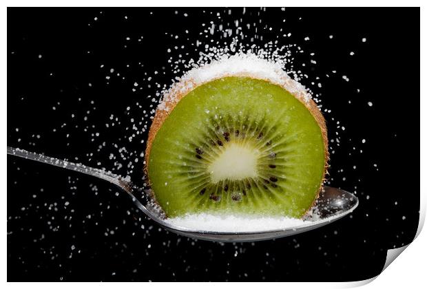 Kiwi fruit cut in half on a spoon with sugar Print by Simon Bratt LRPS