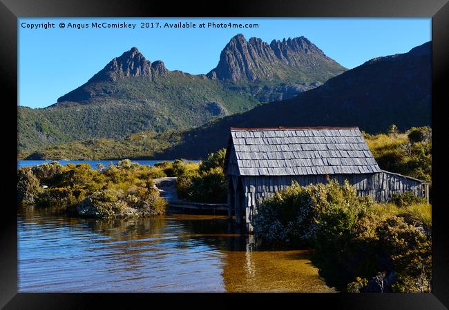 Boat shed with backdrop of Cradle Mountain Framed Print by Angus McComiskey