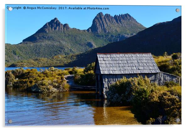 Boat shed with backdrop of Cradle Mountain Acrylic by Angus McComiskey