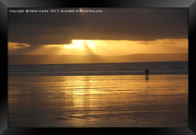 Sunset over saunton sands Framed Print by Helen Cooke